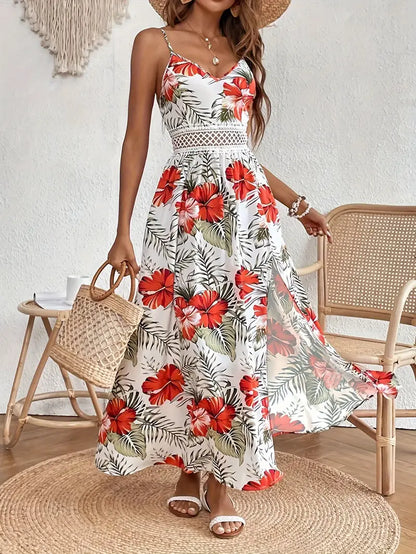 Women's Spaghetti Strap Maxi Dress with Tropical Print and Waist Detail