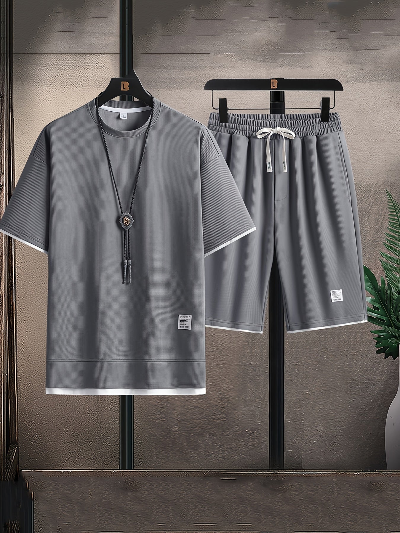 Men's Two-Piece Set with Short-Sleeve Top and Drawstring Shorts