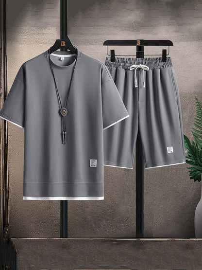 Men's Two-Piece Set with Short-Sleeve Top and Drawstring Shorts