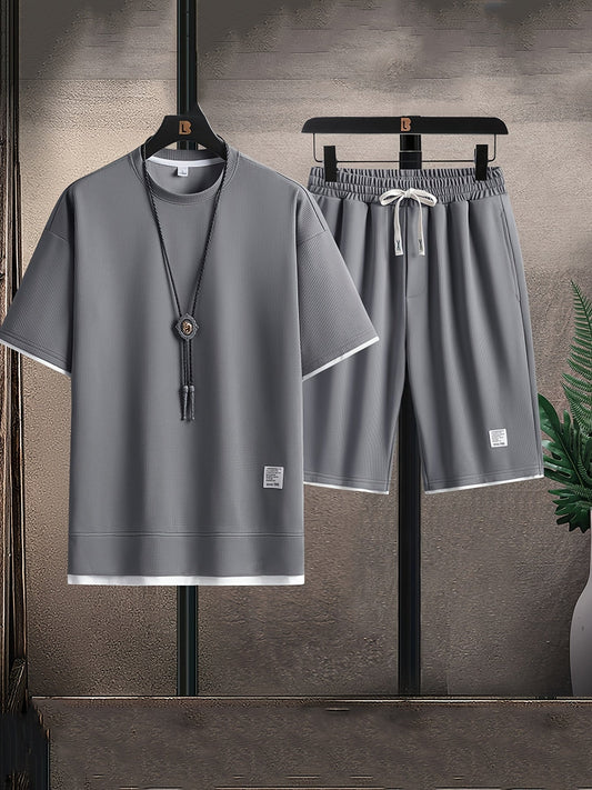 Men's Two-Piece Set with Short-Sleeve Top and Drawstring Shorts