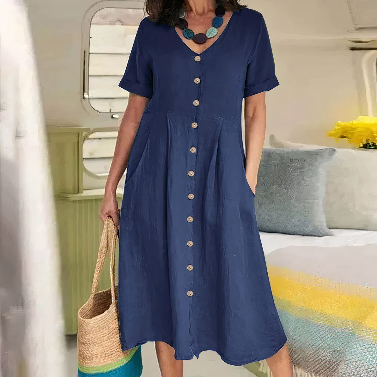 Women's Button-Front Midi Dress with Pockets and Short Sleeves