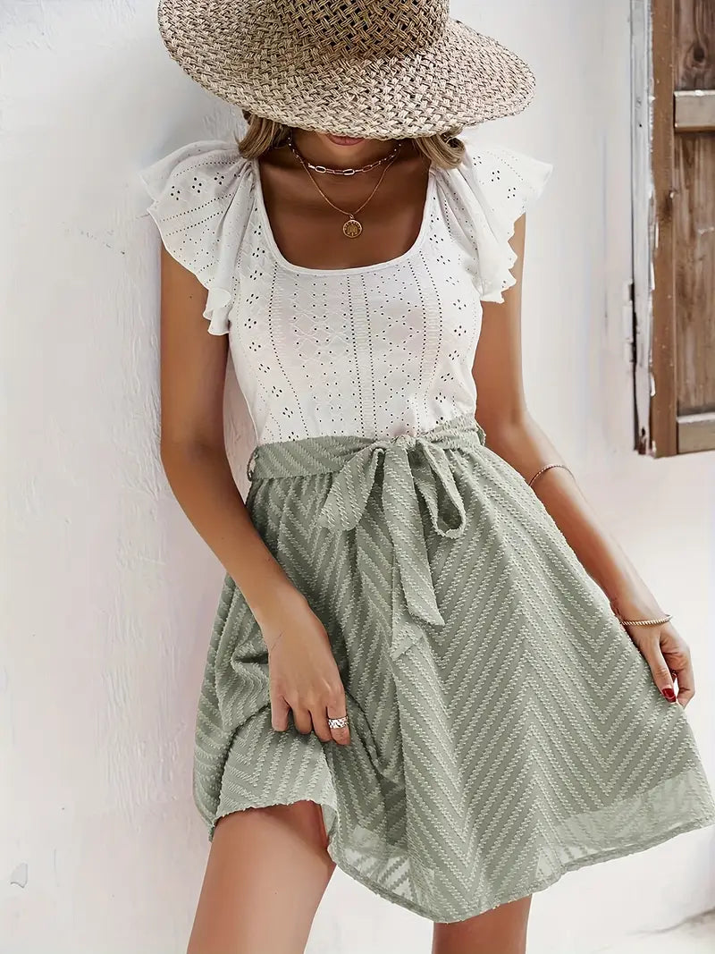 Women's Two-Tone Mini Dress with Eyelet Top and Waist Tie Skirt