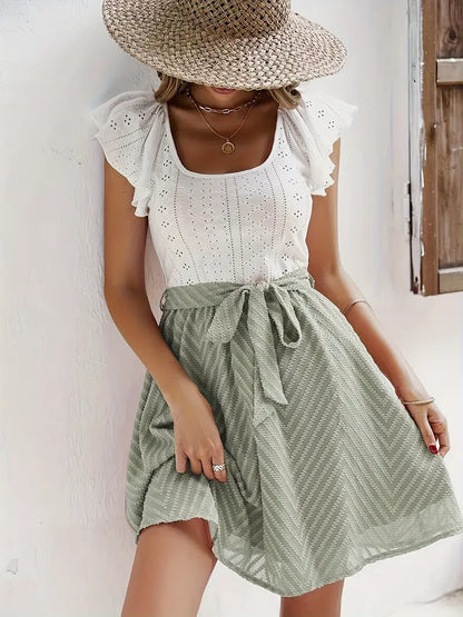 Women's Two-Tone Mini Dress with Eyelet Top and Waist Tie Skirt