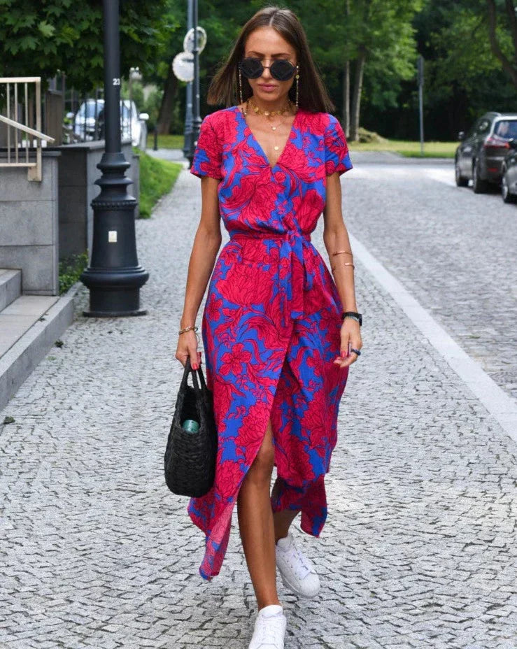 Women’s Summer Wrap Dress – Floral Print V-Neck Casual Midi