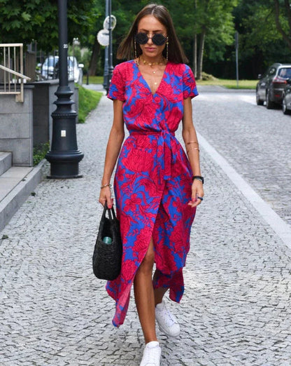 Women’s Summer Wrap Dress – Floral Print V-Neck Casual Midi