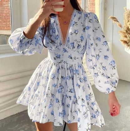 Women's V-Neck Floral Mini Dress with Long Sleeves and Ruffle Skirt