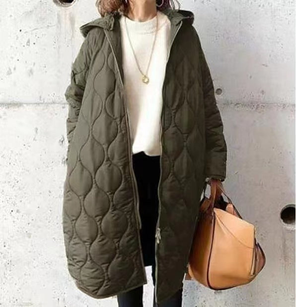 Women's Quilted Hooded Coat with Full Zip and Long Silhouette