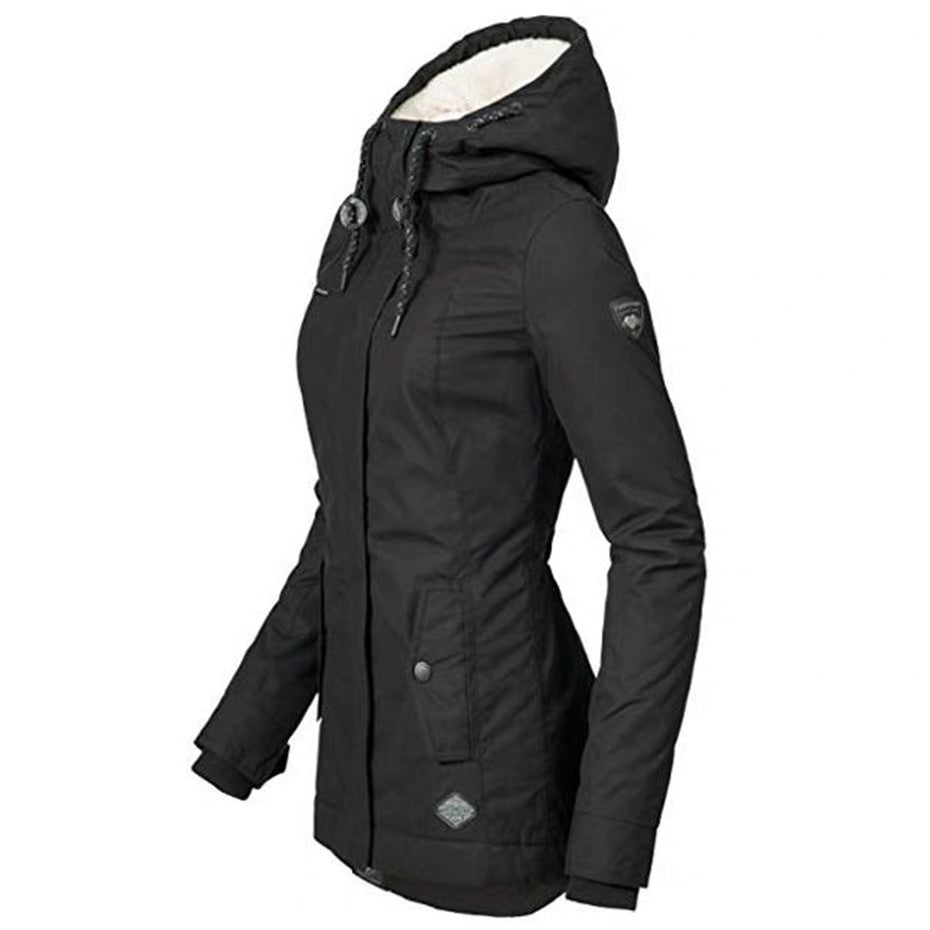 Women's Waterproof Rain Jacket with Hood and Extended Back Hem