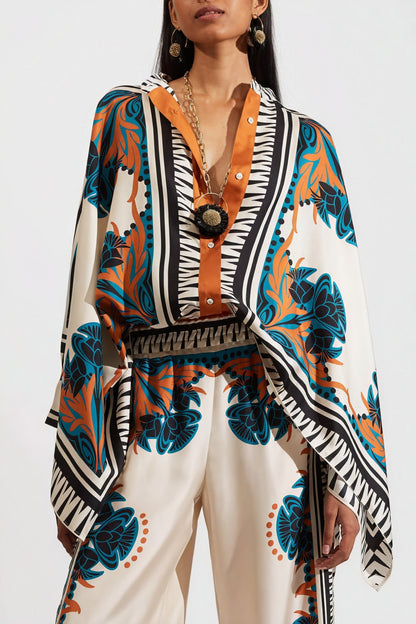 Women's Printed Kimono Blouse and Wide-Leg Pants Two-Piece Set