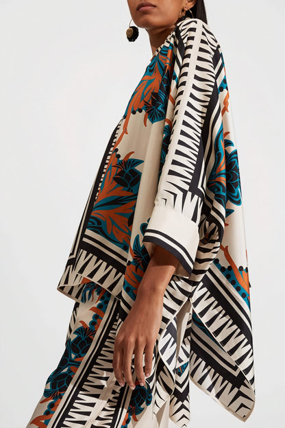 Women's Printed Kimono Blouse and Wide-Leg Pants Two-Piece Set