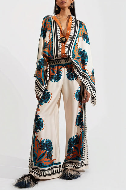 Women's Printed Kimono Blouse and Wide-Leg Pants Two-Piece Set