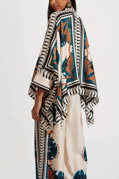 Women's Printed Kimono Blouse and Wide-Leg Pants Two-Piece Set
