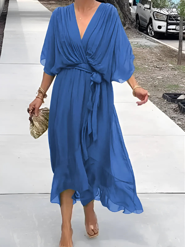Lightweight Midi Dress with V Neck and Draped Sleeves for Women
