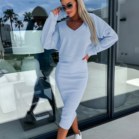 Women's Two-Piece Set with Long Sleeve Top and Fitted Midi Skirt