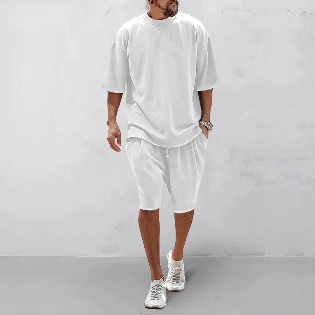 Men's Raw-Edge T-Shirt and Knee-Length Shorts Set