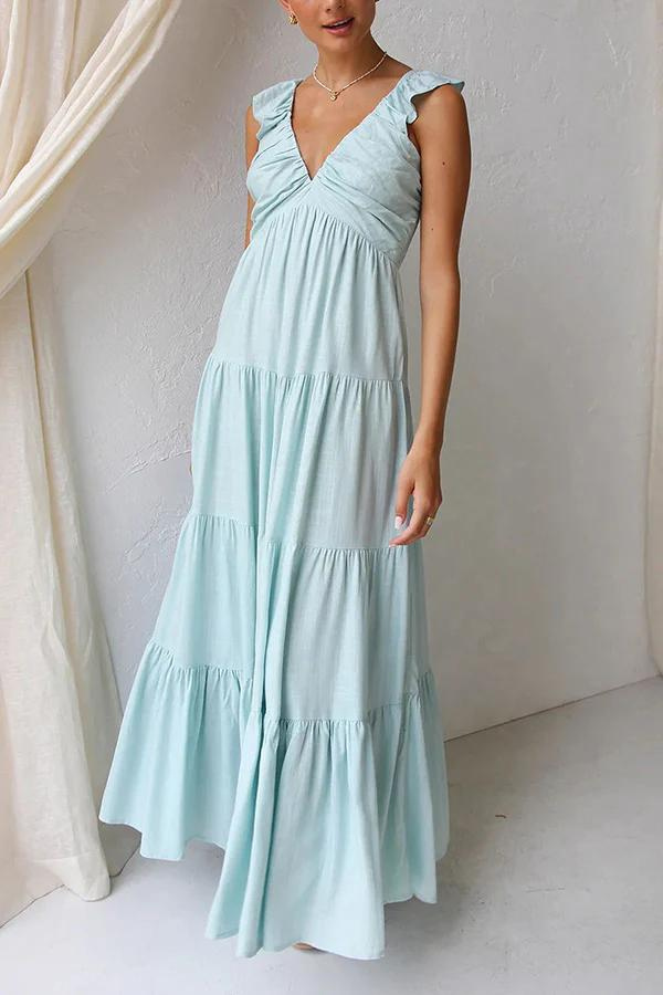 Women's Ruffle Sleeve V-Neck Tiered Maxi Dress