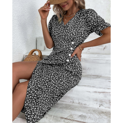 Summer Midi Dress for Women with Puff Sleeves and Buttons