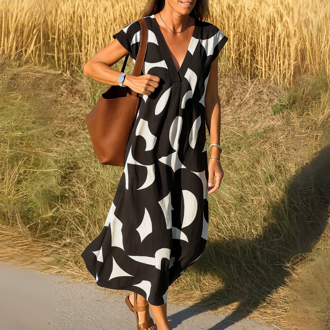 Women's V-Neck Maxi Dress with Abstract Print and Cap Sleeves