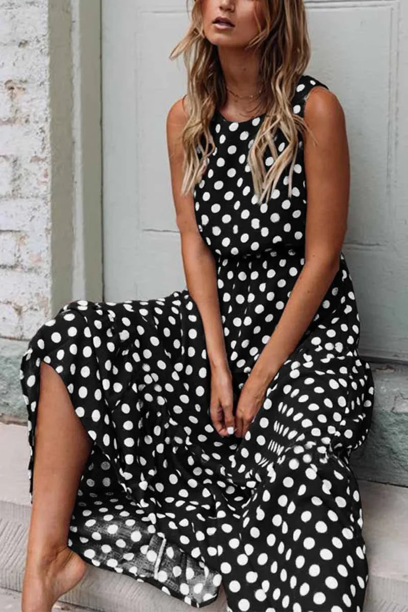 Women's Sleeveless Polka Dot Maxi Dress with Relaxed Fit