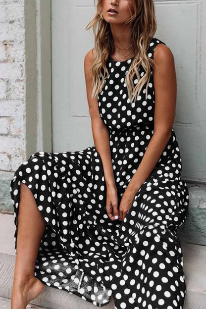 Women's Sleeveless Polka Dot Maxi Dress with Relaxed Fit