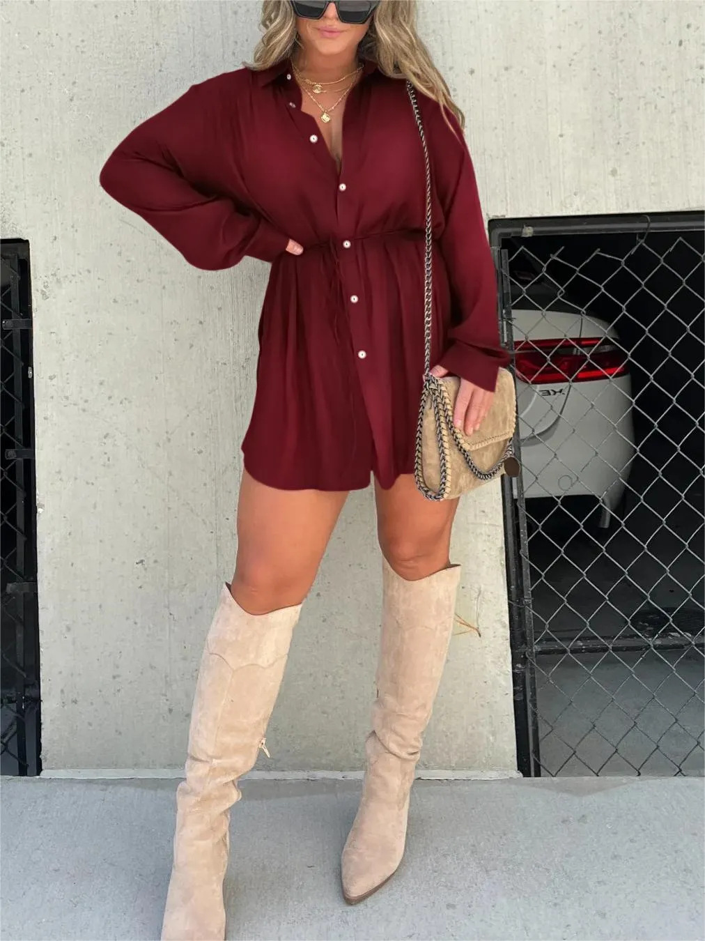 Women's Button-Down Mini Dress with Tie Waist and Long Sleeves