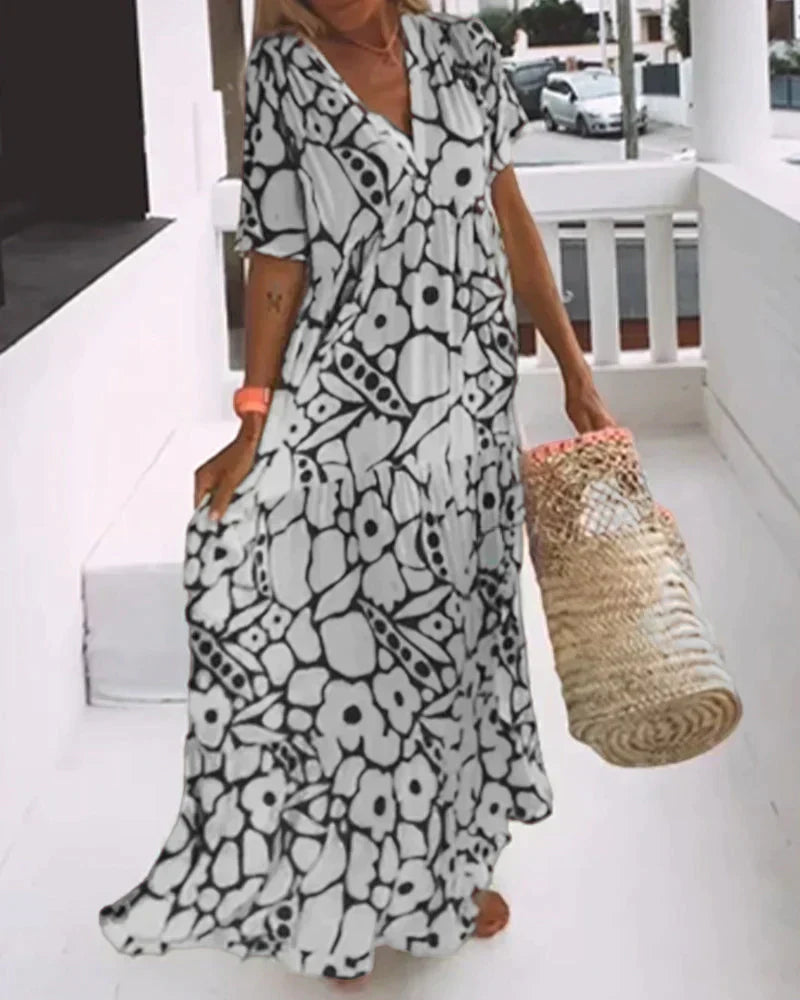 Women's V-Neck Maxi Dress with Short Sleeves and Floral Print