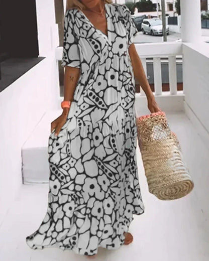 Women's V-Neck Maxi Dress with Short Sleeves and Floral Print