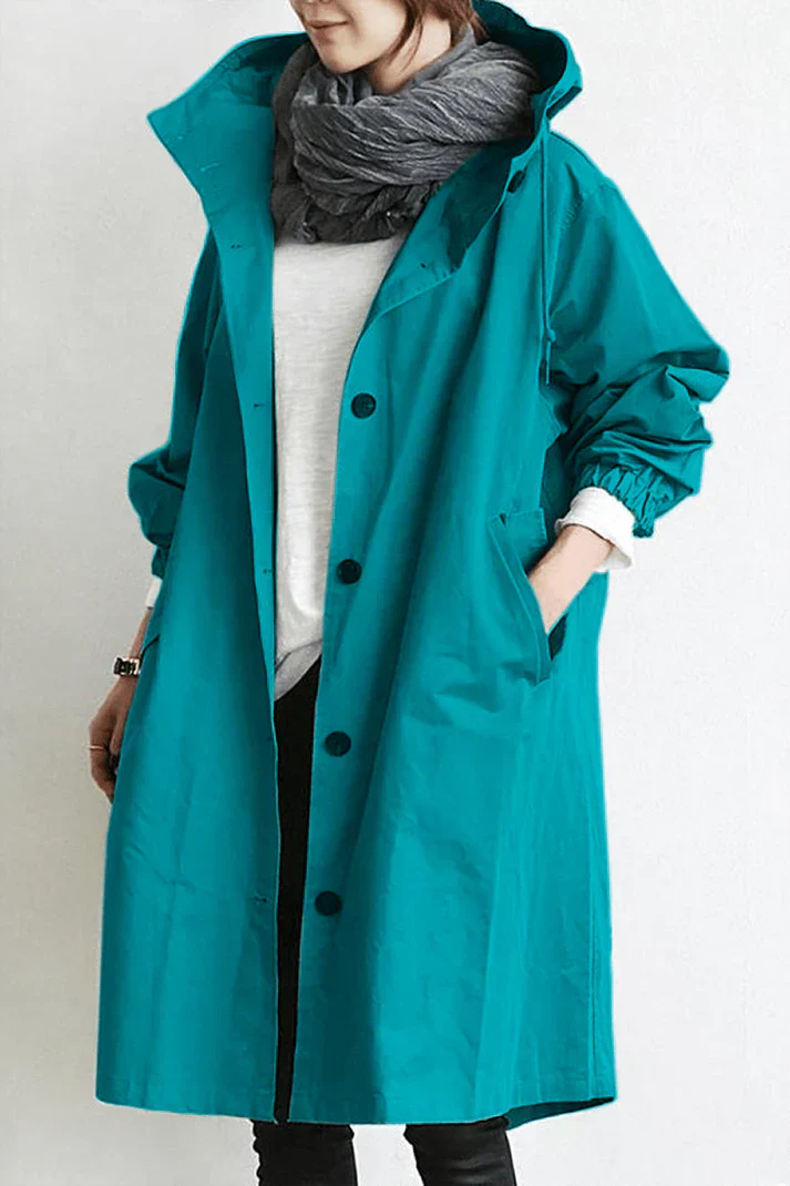 Women's Oversized Button-Up Trench Coat with Hood and Pockets