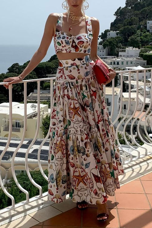 Women's Two-Piece Summer Outfit Set with Printed Crop Top and Skirt