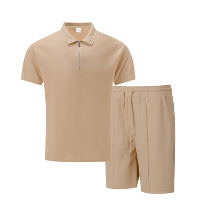 Men’s Solid Color Polo Collar T-Shirt & Shorts Set – Casual Leisure Outfit