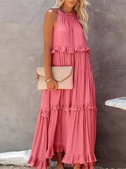 Women's Halterneck Maxi Dress with Ruffle Layers and Side Pockets