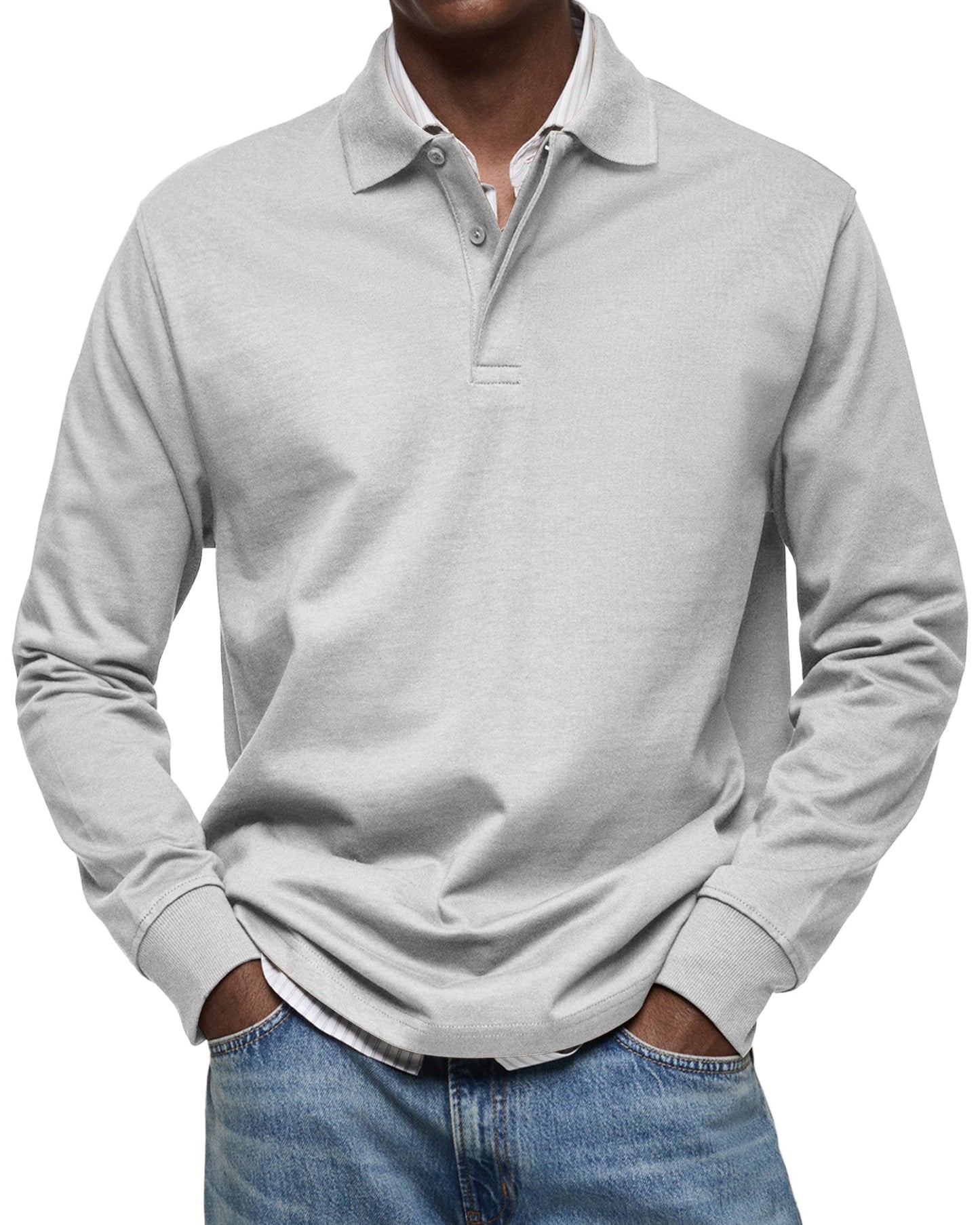 Men's Long Sleeve Polo Shirt with Button Collar and Cuffed Hem
