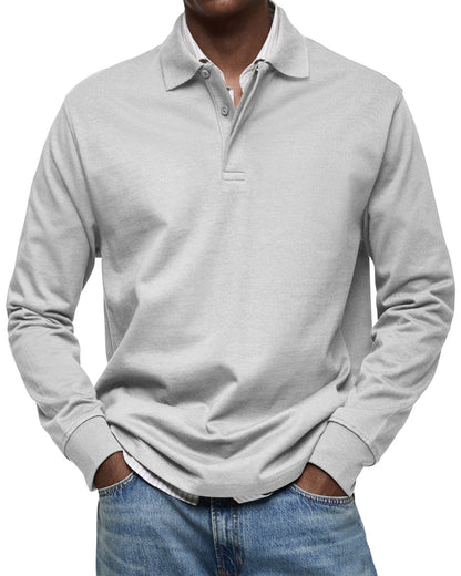 Men's Long Sleeve Polo Shirt with Button Collar and Cuffed Hem