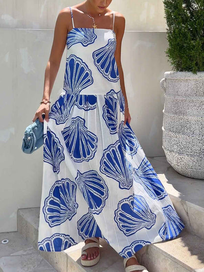 Women's Casual Ocean Shell Print Sling Maxi Dress