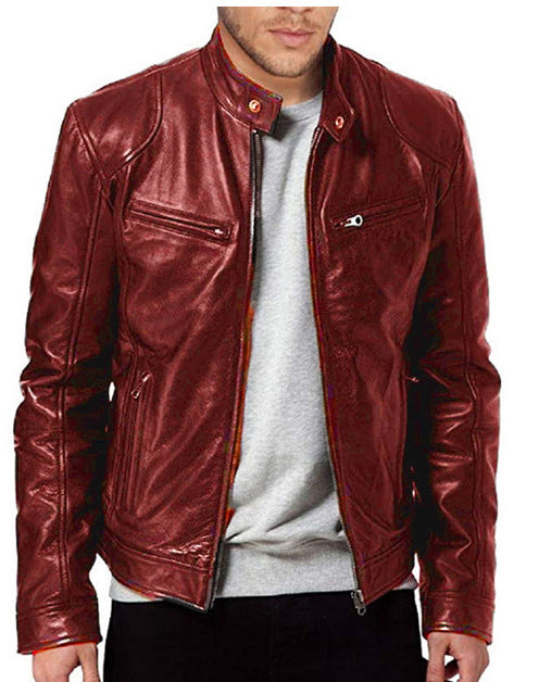 Men's Sleek Leather Jacket with Zip Closure and Stand Collar Design