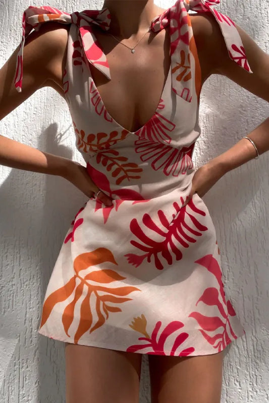 Women's Tropical Print Mini Dress with Adjustable Shoulder Ties