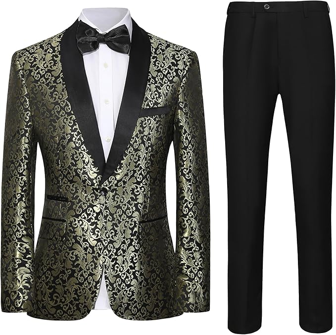 Men's Tuxedo Suit with Shiny Lapel and Patterned Blazer Two Piece Set
