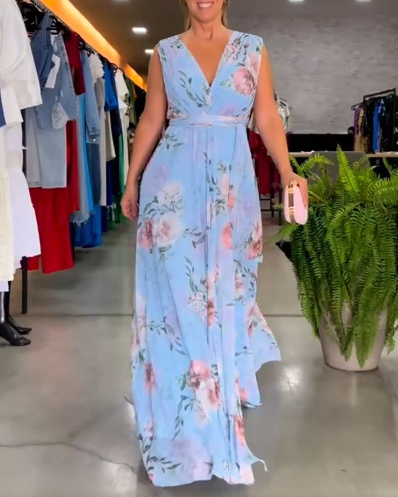 Women's Floral V-Neck Sleeveless Maxi Dress