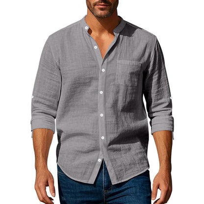 Men’s Long Sleeve Stand Collar Linen Shirt with Pockets – Casual & Stylish