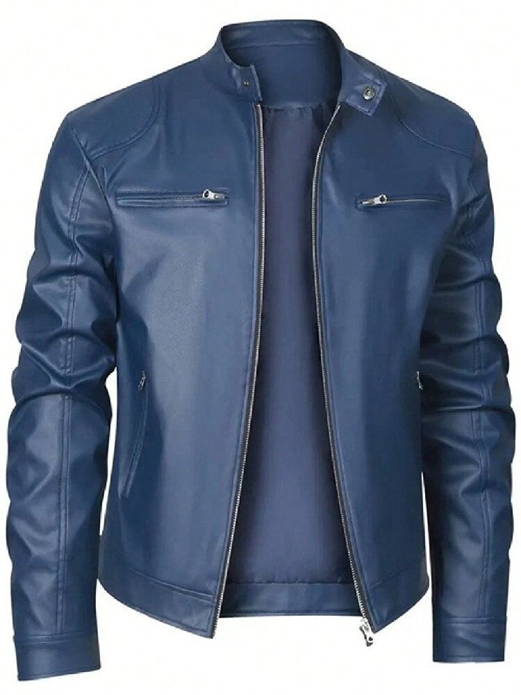 Men's Sleek Leather Jacket with Zip Closure and Stand Collar Design