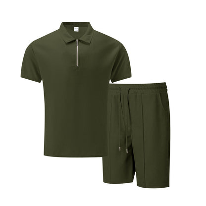 Men’s Solid Color Polo Collar T-Shirt & Shorts Set – Casual Leisure Outfit