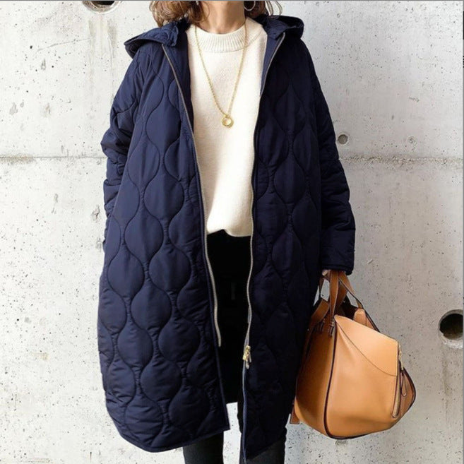 Women's Quilted Hooded Coat with Full Zip and Long Silhouette