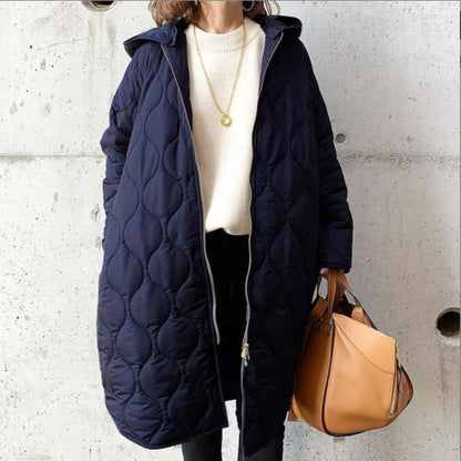 Women's Quilted Hooded Coat with Full Zip and Long Silhouette