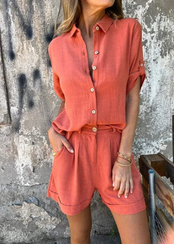 Women's Button-Up Two-Piece Shorts Set with Rolled Sleeves