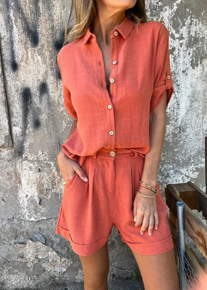 Women's Button-Up Two-Piece Shorts Set with Rolled Sleeves