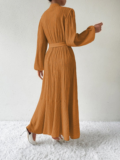 Women's Long-Sleeve Buttoned Maxi Dress with Waist Tie