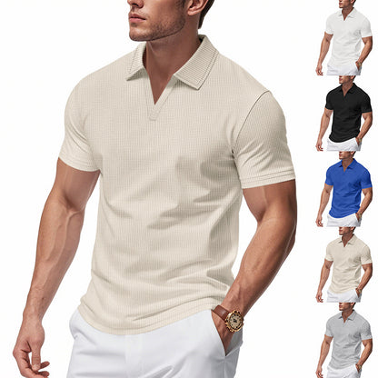 Men’s Summer V-Neck Waffle Polo Shirt – Slim & Lightweight