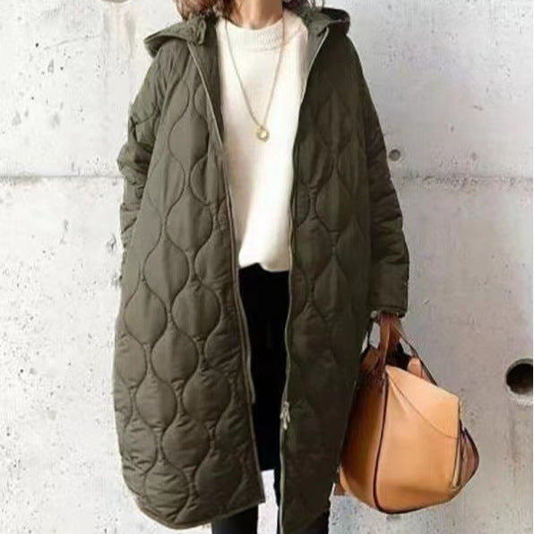 Women's Quilted Hooded Coat with Full Zip and Long Silhouette