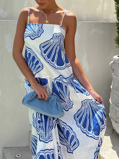 Women's Casual Ocean Shell Print Sling Maxi Dress