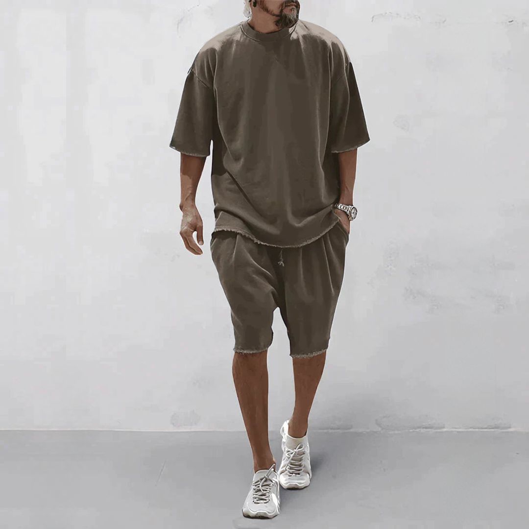 Men's Raw-Edge T-Shirt and Knee-Length Shorts Set